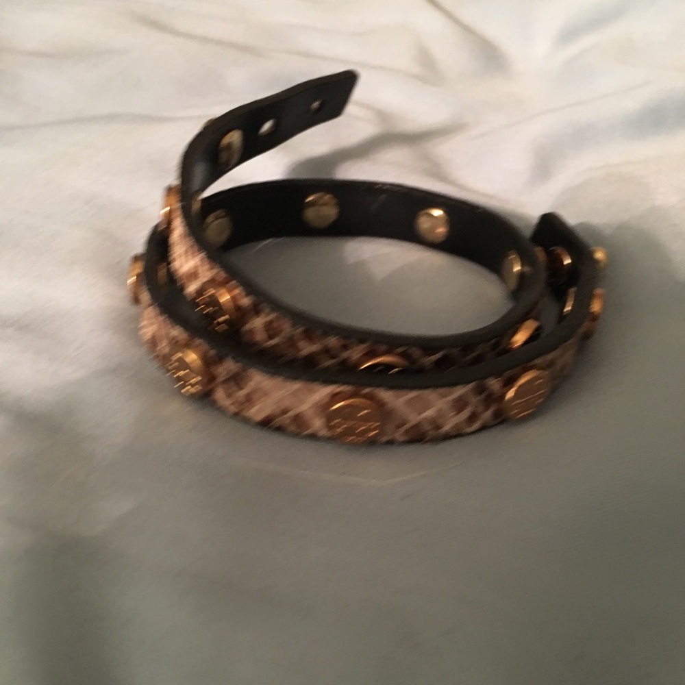 Tory Burch Black Leather Wrap Bracelet with Snakeskin and Gold Studs